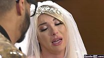 Busty Tgirl bride Aubrey Kate is getting hard on her weddingplanner.She lifts up her dress and lets him suck her hard cock and she anal rides cock