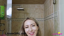 Adorable golden-locked caress her body in the shower