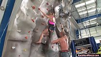 Sexy blonde is having her rock climbing lesson,suddenly the friend of her trainer arrives and wants to lick her ass.The gf of the guy grabs him and she throats his cock.After that,they fuck their asses until they decide to fuck blonde simultaneously.