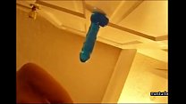 Teen with perfect pussh squirts on blue toy mounterd to door