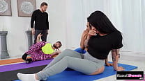Yoga instructor fingers tgirls Jessy Dubai and Jane Marie asses and they give him a footjob.He rims the latina shemales and barebacks a big tits trans