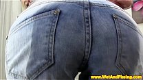 Piss fetish babe in denim pees through pants