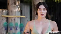 PlainTaboo.com - Busty tattooed brunette pours some lemonade for two workers when one starts kissing her.The sucks her big tits and she deepthroats and is banged