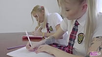 Blonde students with pigtails DOUBLE BJ Blindfolded