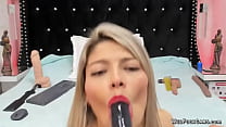 Blonde amateur Latin MILF Shamanttha strips off red lingerie then naked in bed shoves remote controlled vibrator up her ass and fucks dildo