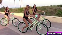Hot chicks wearing their black swimsuit and take their bike to look for hot guy
