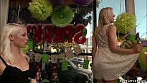 Blonde lezdom Lorelei Lee zappers clit to submissive blonde babe Zoey Monroe while she is cuffed and chained then Mr Pete anal fucks her in public Bday shop