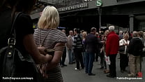 Princess Donna Dolore exposes bare boobs bound German blonde babe Uma Masome in public then big cock Steve Holmes anal fucks her in subway