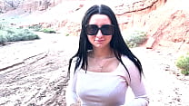 She showed her face with glasses! Deep blowjob in a beautiful canyon!