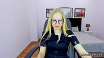 Beautiful amateur Belarus blonde babe MilanaFoster sitting in computer chair clothed and talking with her webcam fans then stripping off