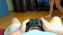Horny sexy girl wants to suck stepbrothers hard dick. She starts sucking while he drives a car in computer game. Load moans. Eyes rolling! Huge cumshot in mouth with cum play! Closeup POV adventure