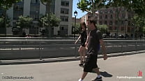 Busty brunette Spanish hottie Salma de Nora gets throat fucked by James Deen and ass whipped by mistress Princess Donna Dolore in public places