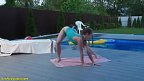 cute gymnast teen in a skintight swimsuit stretching her limber body and gets rough outdoor fucked by her stepbrother in crazy contortion sex positions
