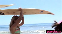 Pretty teens on holiday getting drilled by a lifeguard