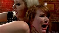 Big tits lesbian blonde bar owner Cherry Torn bends over table redhead lesbian Claire Robbins and hard spanks her then anal fucks with strap on cock in bondage