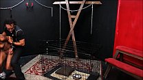 Caged ebony slave Harmonys candle wax punishment and black bdsm of dark bondage