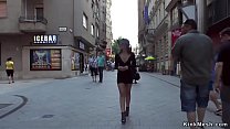 Stunning brunette European teen Bella Beretta walked by her mistress Fetish Liza through local Budapest market till rope bondage fuck