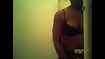 Ebony grooving in bathroom with soft black bra and takes spandex off