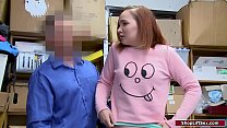 Redhead babe shoplifts and gets stripsearched by an officer.He dominates her to get on her knees and facefucks her.He bangs her and she rides his cock