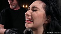 Dark haired babe Aria Alexander gagged with masters hand then in other device bondage pussy finger fucked