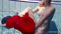Swimming pool 18yo babe Lucie stripping and getting horny