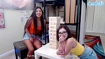 Dorm hotties play some jenga till they give in and just play with each other