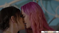 Busty tattooed shemale Lena Moon finally agrees to kiss her big tits bff.The pink haired bestie waited so long to suck her tgirl gfs trans cock