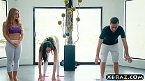 Yoga session of a guy turns into a threesome with two babes