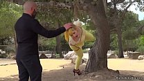 Nerea Falco in yellow tights and see through shirt tied up and hanged on a tree in public park d. and ass plugged