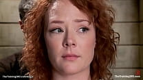 Curly redhead slave Audrey Hollander gets boobs tied and hands behind back then cattle prodded then bent over ass fucked with dick on a stick by trainer James Mogul