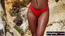 Skinny latina beauty presenting her amazing body outdoor