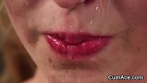 Naughty peach gets cumshot on her face swallowing all the semen