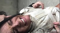 Master playing with nipples to bound brunette slut India Summer in straitjacket then whipping her naked and set in Insane Asylum