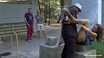 Suspended for a tree sexy Euro brunette babe Cristal Cherry gets whipped then throat and pussy fucked at public park by big dick master Omar Galanti