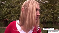 Trans cheerleader Lucia Matthews notices her coach boner and sucks his cock.He gives the small tits tgirl a blowjob and the ts is anal fucked outdoor
