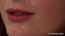 Frisky bombshell gets jizz load on her face eating all the juice