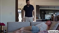 Stepdaddy Chris Epic and his busty TS stepdaughter Mimi Oh are on the couch kissing each other so hard