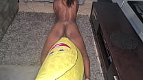 Naked in the living room making love and humping a big inflated banana, closeups