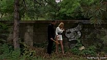 Master Steve Holmes caning big ass blonde slave Isabella Clarkin in public park