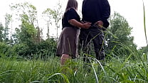 Gorgeous MILF with huge ass sucks cock and masturbates hairy pussy in nature