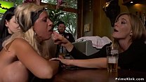 Two big tits blonde bombshells anal fucked in crowded bar