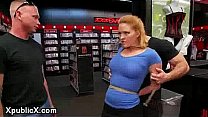 Busty blonde pussy vibed and anal fucked in porn store