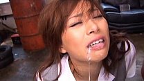 Bound Japanese babe in dress suit gags on cum
