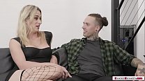 Busty blonde shemale brings her guy into her place.She tells him that she wants to have some fun.They start kissing each other and the guy sucks her shecock first.In return she throats his big cock and lets him bareback her tight wet ass.