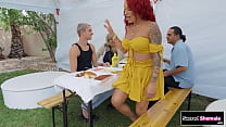 SacredShemale.com - Latina trans Foxxy flirts with her bfs stepson and he rims her.The big tits tgirl gives him a footjob and he sucks the trannys cock and barebacks her