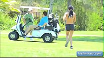 Cutie hot teenager reveal her shaved pussy and her sexy body outdoor while playing golf