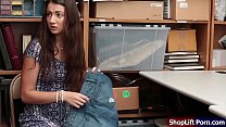 Busty teen is caught by store security shoplifting shorts in the department store.He brings her into the office and conducts a strip search.After that,he tells her that if he can fuck her and makes him happy he wont call the cops and let her go.