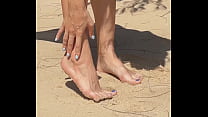 Naked Teen Girl shows Pussy, legs and Feet and Toes, Foot, Leg Fetish on Nudist Beach Public Outdoor