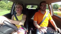 Shorthaired euro blonde rides her driving tutor