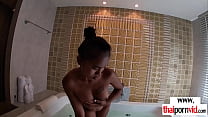 Petite amateur asian slut pleasing a big white dick in the bath